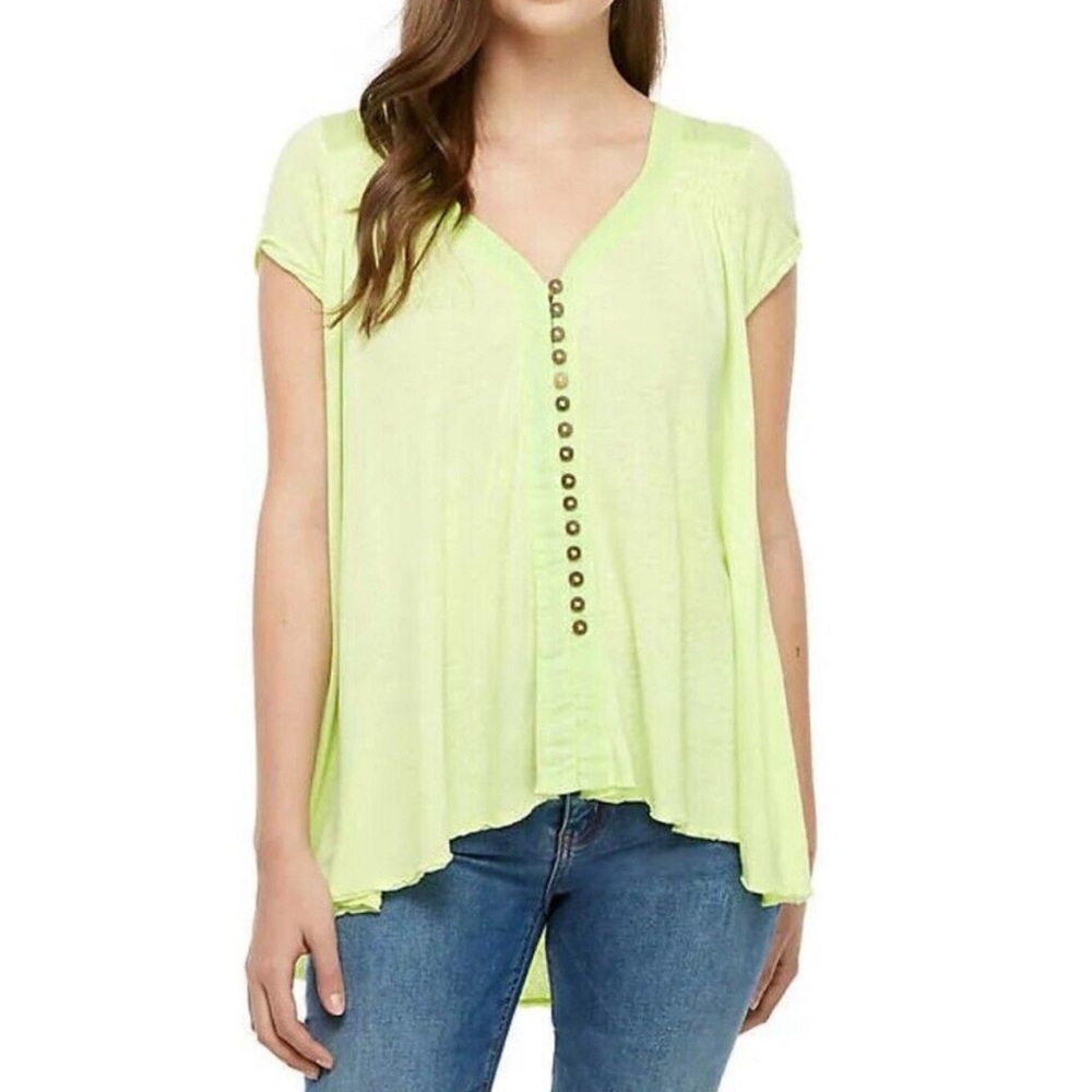 Free People Linen Blend High-Low Button Front Blouse Neon Size S